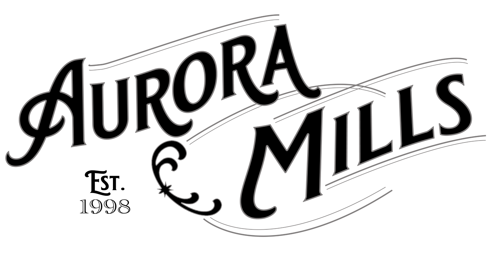 Aurora Mills logo with Victorian style font, reads: "Aurora Mills. EST. 1998"